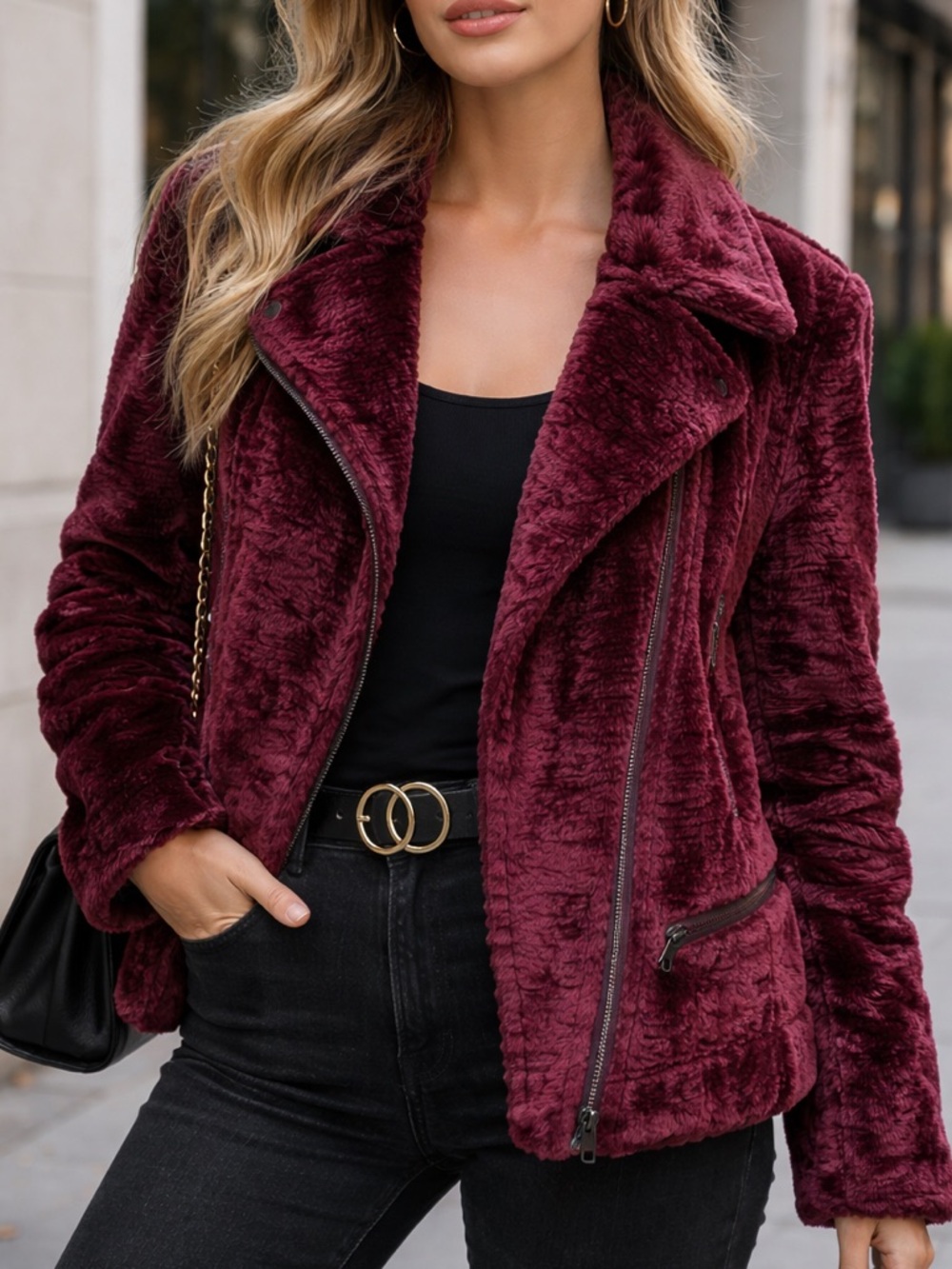 Avec Les Filles Burgundy Faux Fur Moto Jacket XS Oversized NWT